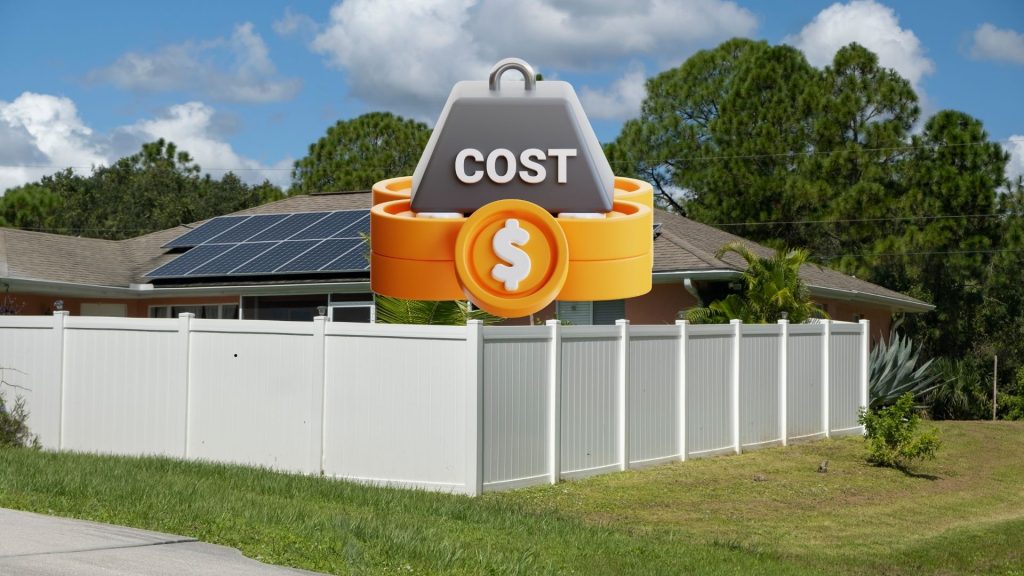 Estimator measuring materials to calculate vinyl fence cost for homeowner
